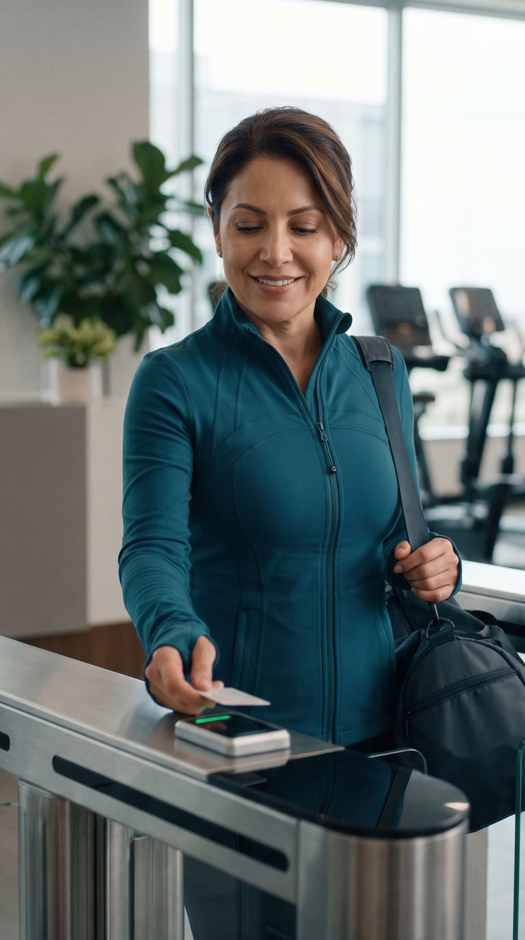 Mujer con ropa deportiva en un gimnasio corporativo