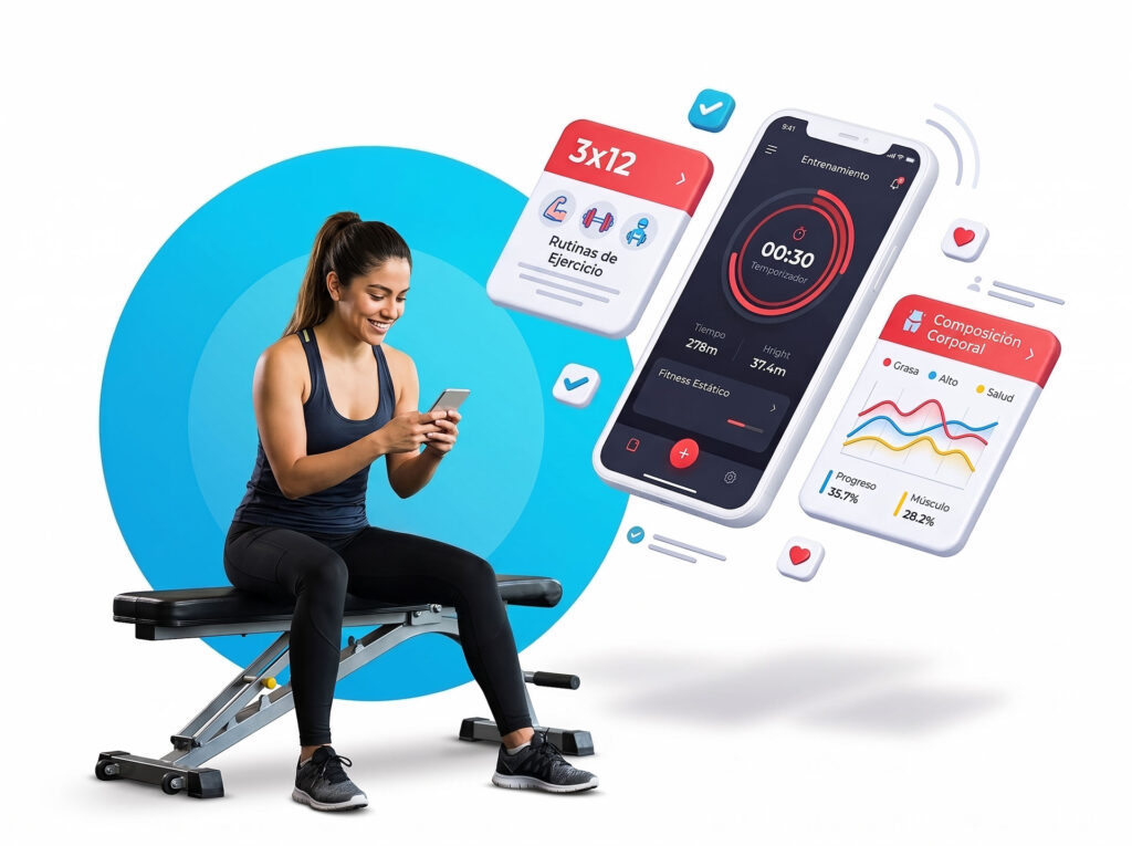 Colaboradora consulta rutinas y seguimiento de actividad en una aplicación de fitness