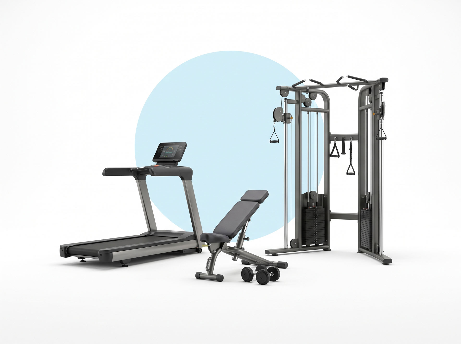 Equipamiento de gimnasio corporativo con caminadora, banco y estación multifuncional